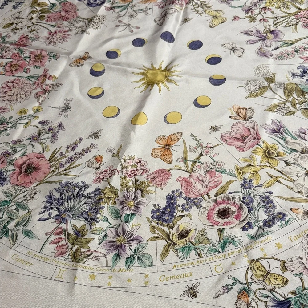 Dior White Silk Scarf with Floral and Sun Design